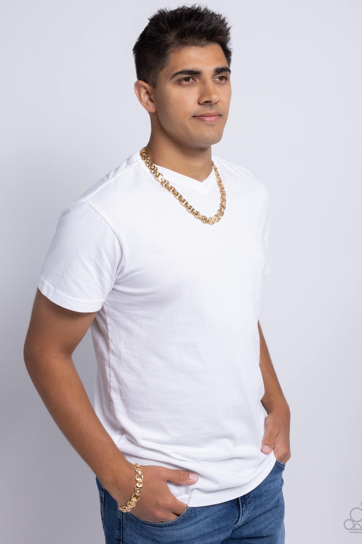 COMPLETE LOOK - FATAL FASHION NECKLACE & FUSION FEATURE - GOLD MEN'S BRACELET set it up with Lola