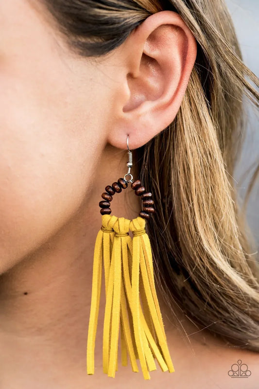 Easy To Persuede Yellow Earrings - Wood - Suede - Fringe - Tassels