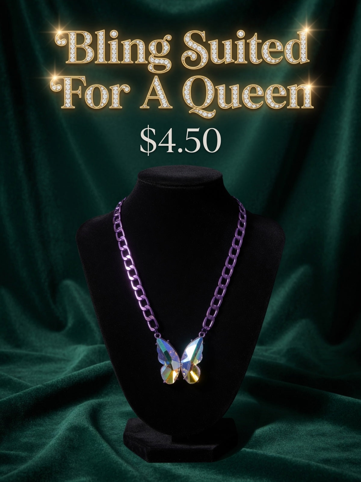 Social Butterfly Effect" necklace features an iridescent butterfly pendant on a purple chain.