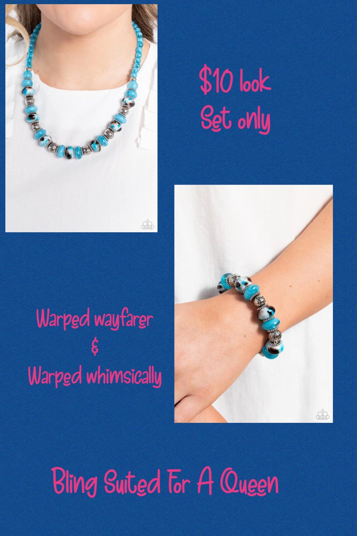 Warped Set Necklace-blue & Bracelet -blue set it up with Lola